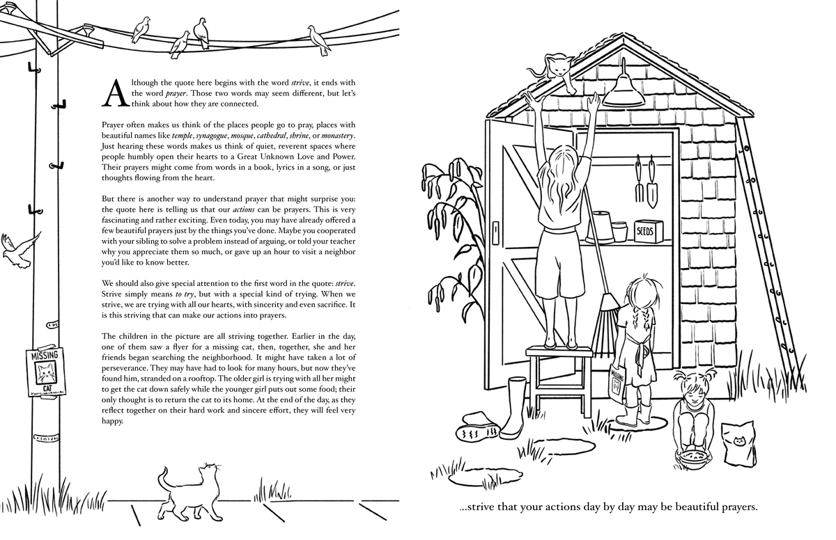 Sample page from Beautiful Words coloring book with an original illustration of three children rescuing a cat, a Baha'i quote about "Strive," and a written reflection.