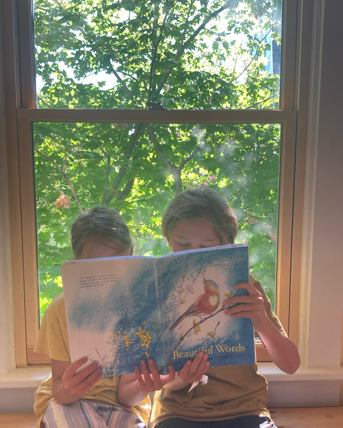 Two children in a sunny window reading the Beautiful Words coloring book, showcasing a lifestyle view of the book in use.