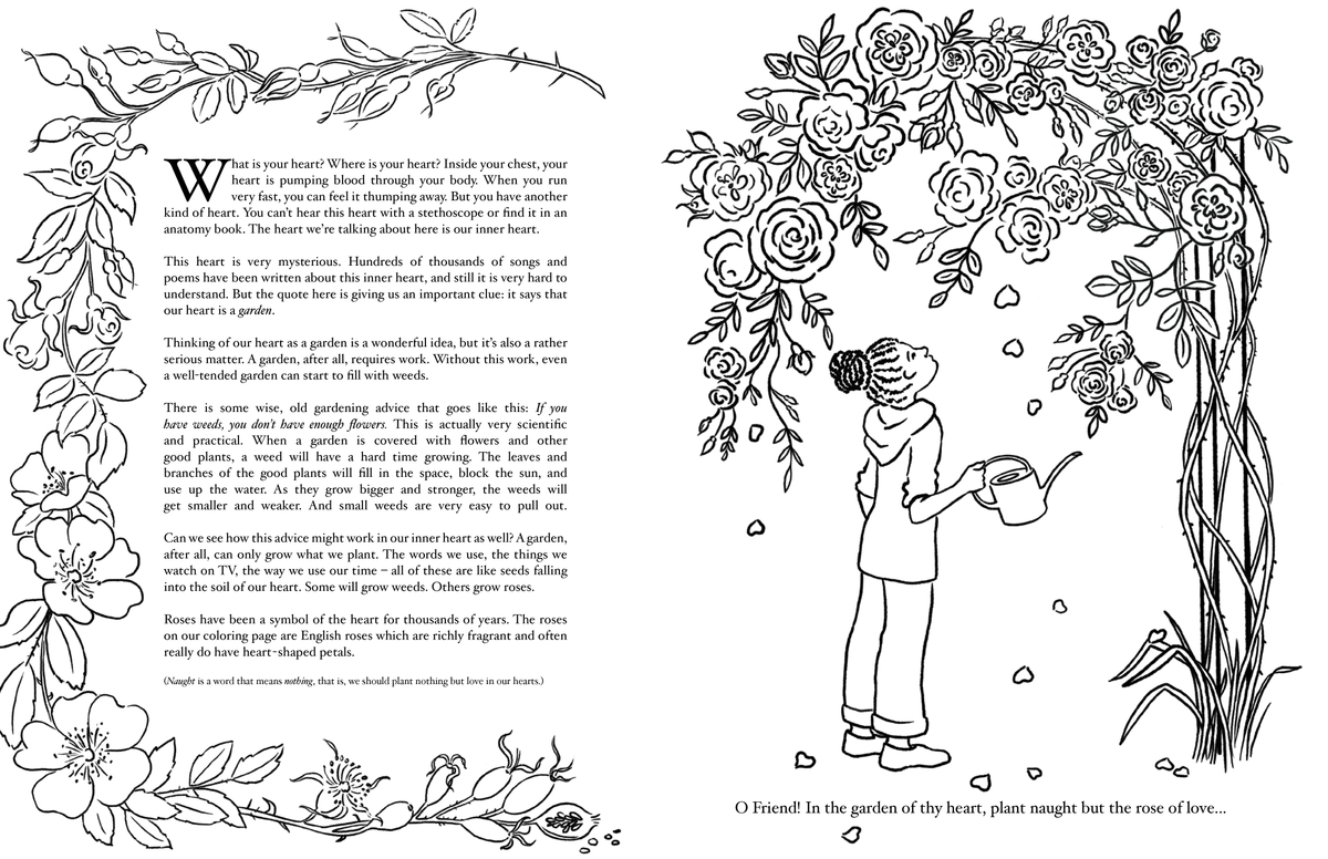 Sample from the Beautiful Words coloring book, showing an original illustration of a girl under a blooming rose arbor along with a Baha'i quote on the "Heart" and a written reflection on the meaning of the quote.