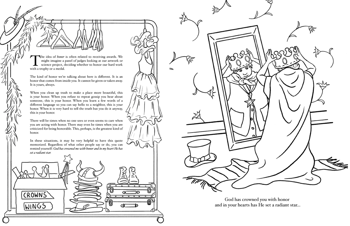 Sample page from Beautiful Words coloring book with an original illustration of a boy playing dress-up, a Baha'i quote about "Honor," and a written reflection.