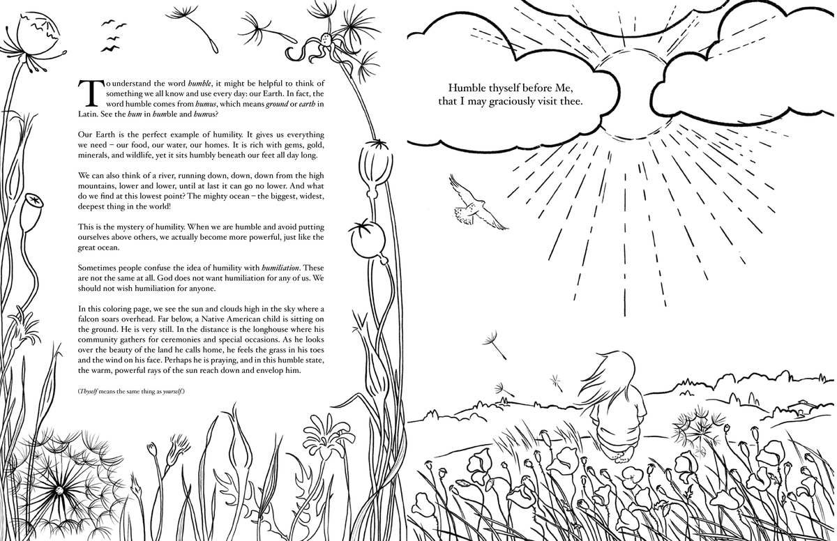 Sample page from Beautiful Words coloring book with an original illustration of a child sitting quietly in a field of poppies, a Baha'i quote about humility, and a written reflection.