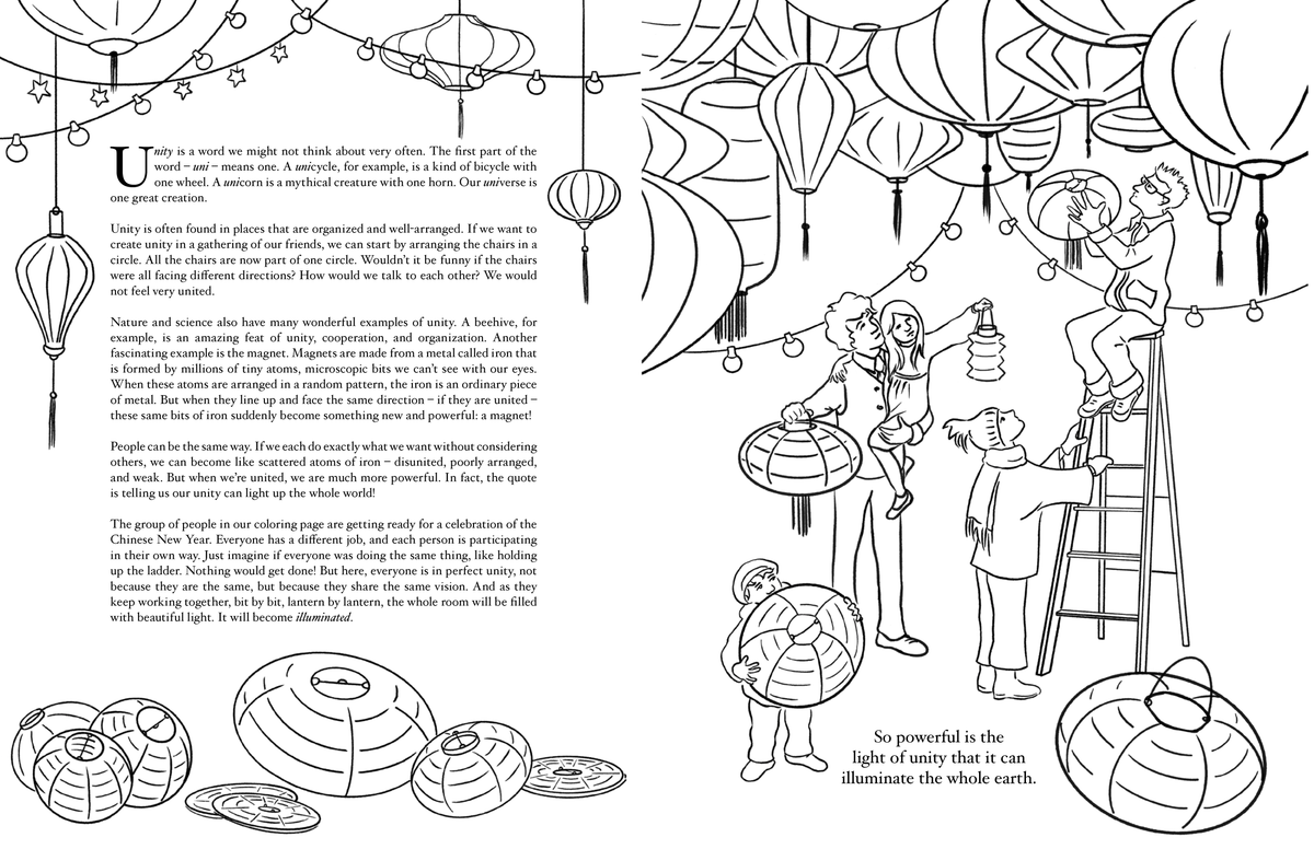 Sample from the Beautiful Words coloring book, showing an original illustration of children and adults hanging Chinese lanterns along with a Baha'i quote on the "Heart" and a written reflection on the meaning of the quote.